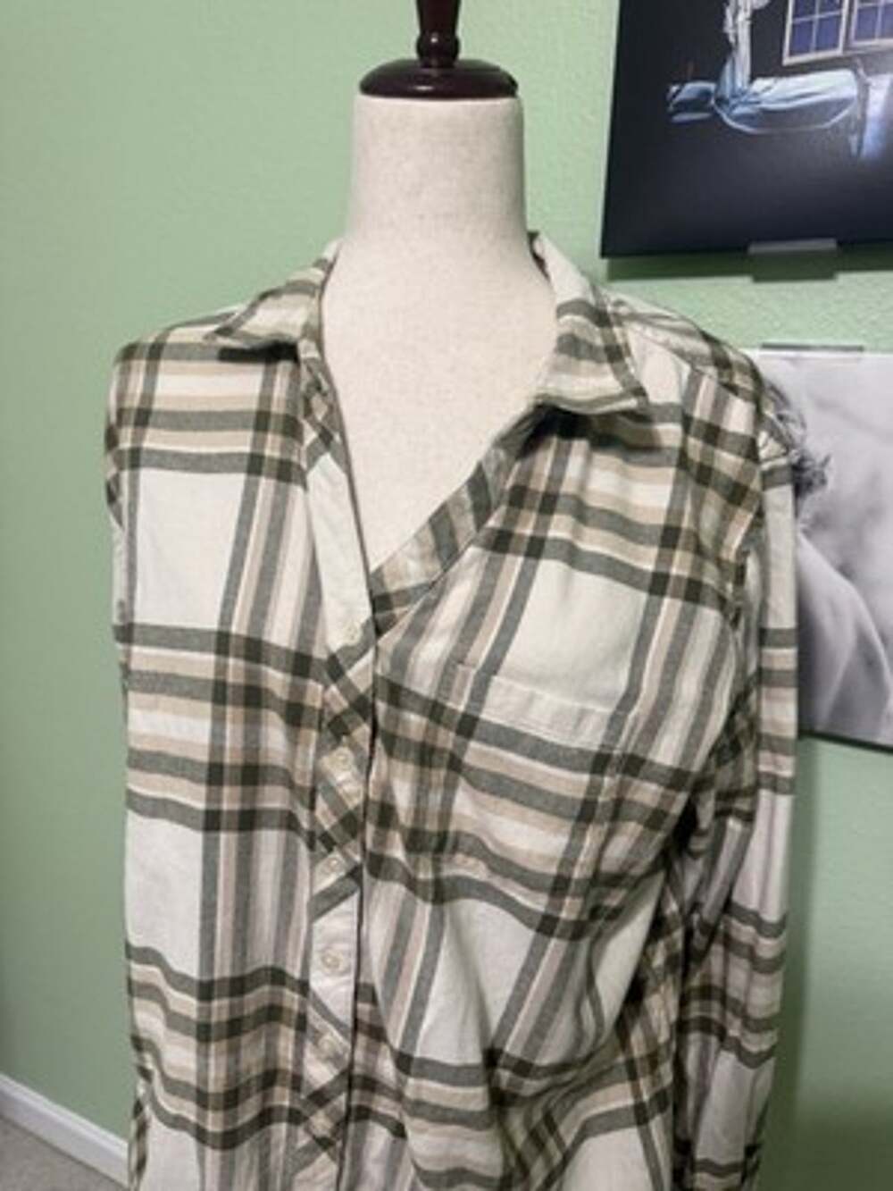 Weatherproof Vintage Women’s Comfort Stretch Flannel Shirt Sz XL Olive/Cream
